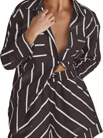 2pcs Women Striped Long Sleeve Shirt Top And Shorts Set 2pcs Women Striped Long Sleeve Shirt Top And Shorts Set