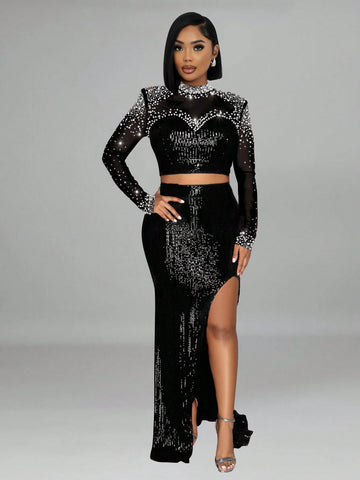 2pcs Women's Sequins & Mesh Patchwork Elegant Long Sleeve Top & Skirt Party Outfit Sets (With Shoulder Pad) 2pcs Women's Sequins & Mesh Patchwork Elegant Long Sleeve Top & Skirt Party Outfit Sets (With Shoulder Pad)