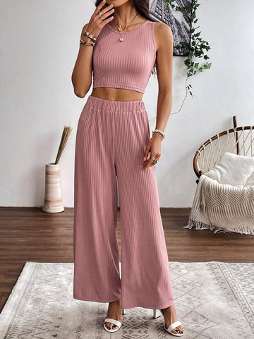 2pcs Women's Solid Color Ribbed Sleeveless Top And Pants Set 2pcs Women's Solid Color Ribbed Sleeveless Top And Pants Set