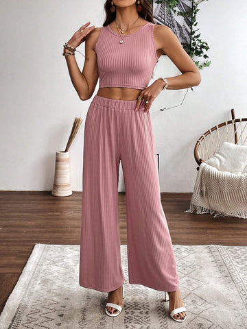 2pcs Women's Solid Color Ribbed Sleeveless Top And Pants Set 2pcs Women's Solid Color Ribbed Sleeveless Top And Pants Set