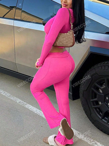 2pcs Women's Solid Color Simple Long Sleeve Top And Pants Set, Casual 2pcs Women's Solid Color Simple Long Sleeve Top And Pants Set, Casual