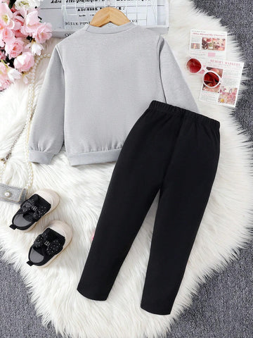 2pcs Young Girl' Adorable Cat Print Sweatshirt And Bow Decorated Pants Set, Spring And Autumn 2pcs Young Girl' Adorable Cat Print Sweatshirt And Bow Decorated Pants Set, Spring And Autumn