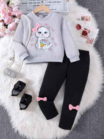 2pcs Young Girl' Adorable Cat Print Sweatshirt And Bow Decorated Pants Set, Spring And Autumn 2pcs Young Girl' Adorable Cat Print Sweatshirt And Bow Decorated Pants Set, Spring And Autumn