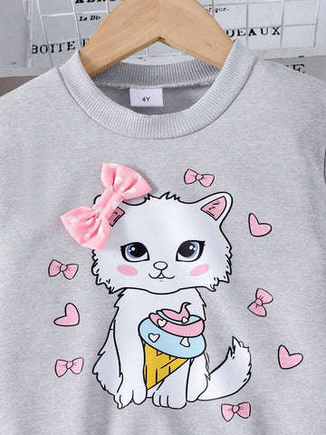 2pcs Young Girl' Adorable Cat Print Sweatshirt And Bow Decorated Pants Set, Spring And Autumn 2pcs Young Girl' Adorable Cat Print Sweatshirt And Bow Decorated Pants Set, Spring And Autumn