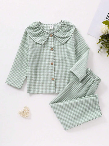 2pcs Young Girl Classic Plaid Fabric Comfy Long Sleeve Shirt And Pants Homewear Set 2pcs Young Girl Classic Plaid Fabric Comfy Long Sleeve Shirt And Pants Homewear Set