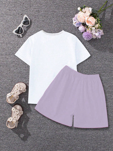 2pcs Young Girl Fashionable And Cute Face, Flowers & Letter Print Comfortable Round Neck Short Sleeve T-Shirt And Shorts Set, Summer Vacation 2pcs Young Girl Fashionable And Cute Face, Flowers & Letter Print Comfortable Round Neck Short Sleeve T-Shirt And Shorts Set, Summer Vacation