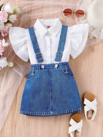 2pcs Young Girl Fashionable Batwing Sleeve Top And Half-Length Denim Overalls Skirt Set For Summer 2pcs Young Girl Fashionable Batwing Sleeve Top And Half-Length Denim Overalls Skirt Set For Summer