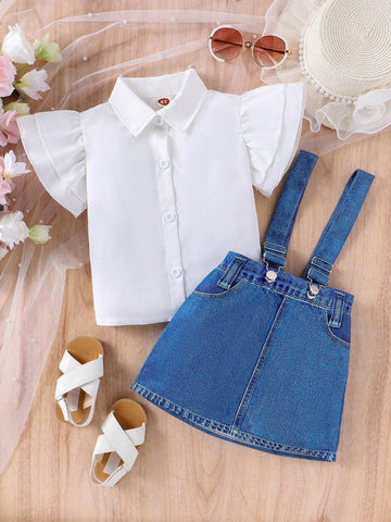 2pcs Young Girl Fashionable Batwing Sleeve Top And Half-Length Denim Overalls Skirt Set For Summer 2pcs Young Girl Fashionable Batwing Sleeve Top And Half-Length Denim Overalls Skirt Set For Summer