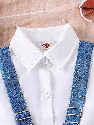 2pcs Young Girl Fashionable Batwing Sleeve Top And Half-Length Denim Overalls Skirt Set For Summer 2pcs Young Girl Fashionable Batwing Sleeve Top And Half-Length Denim Overalls Skirt Set For Summer