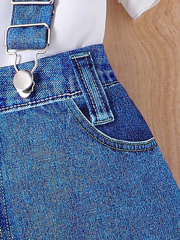 2pcs Young Girl Fashionable Batwing Sleeve Top And Half-Length Denim Overalls Skirt Set For Summer 2pcs Young Girl Fashionable Batwing Sleeve Top And Half-Length Denim Overalls Skirt Set For Summer