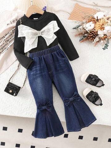 2pcs Young Girl Fashionable Bowknot Long Sleeve Top And Denim Pants Set, Spring Autumn 2pcs Young Girl Fashionable Bowknot Long Sleeve Top And Denim Pants Set, Spring Autumn