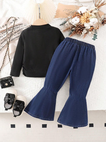 2pcs Young Girl Fashionable Bowknot Long Sleeve Top And Denim Pants Set, Spring Autumn 2pcs Young Girl Fashionable Bowknot Long Sleeve Top And Denim Pants Set, Spring Autumn