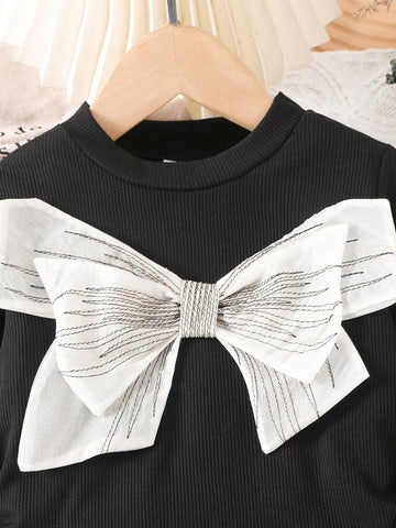 2pcs Young Girl Fashionable Bowknot Long Sleeve Top And Denim Pants Set, Spring Autumn 2pcs Young Girl Fashionable Bowknot Long Sleeve Top And Denim Pants Set, Spring Autumn