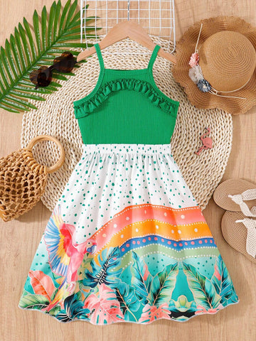 2pcs Young Girl Skirt Set, Summer Casual Outdoor Vacation Style Plant Printed Sleeveless Top And Printed Skirt Set 2pcs Young Girl Skirt Set, Summer Casual Outdoor Vacation Style Plant Printed Sleeveless Top And Printed Skirt Set