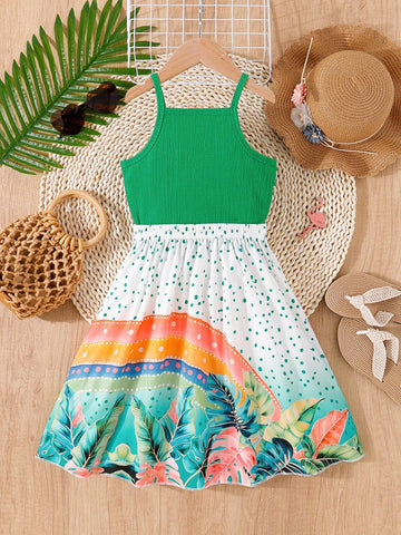 2pcs Young Girl Skirt Set, Summer Casual Outdoor Vacation Style Plant Printed Sleeveless Top And Printed Skirt Set 2pcs Young Girl Skirt Set, Summer Casual Outdoor Vacation Style Plant Printed Sleeveless Top And Printed Skirt Set