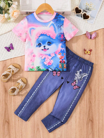 2pcs Young Girls' Cute Flower Cat Pattern Short Sleeve Tee With Faux Denim Print Pants Summer Set 2pcs Young Girls' Cute Flower Cat Pattern Short Sleeve Tee With Faux Denim Print Pants Summer Set