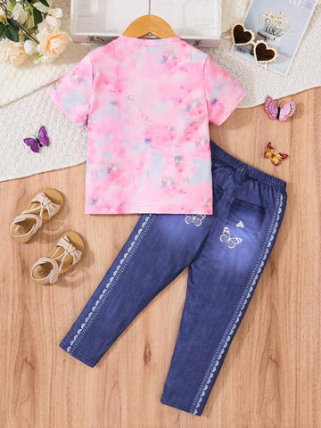 2pcs Young Girls' Cute Flower Cat Pattern Short Sleeve Tee With Faux Denim Print Pants Summer Set 2pcs Young Girls' Cute Flower Cat Pattern Short Sleeve Tee With Faux Denim Print Pants Summer Set