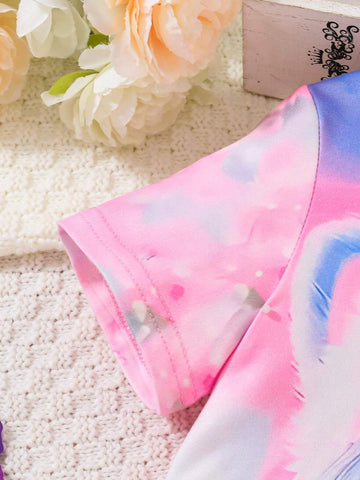 2pcs Young Girls' Cute Flower Cat Pattern Short Sleeve Tee With Faux Denim Print Pants Summer Set 2pcs Young Girls' Cute Flower Cat Pattern Short Sleeve Tee With Faux Denim Print Pants Summer Set