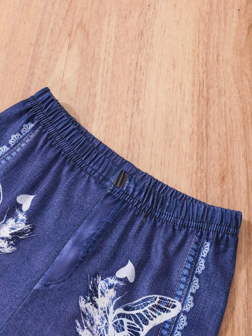 2pcs Young Girls' Cute Flower Cat Pattern Short Sleeve Tee With Faux Denim Print Pants Summer Set 2pcs Young Girls' Cute Flower Cat Pattern Short Sleeve Tee With Faux Denim Print Pants Summer Set