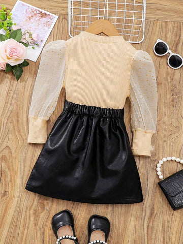2pcs Young Girls' Elegant & Gentlemanly Classic Skirt Set, Featuring Soft Ribbed Knit Sweater With Metallic Mesh Sleeve Trim And High-End Zipper A-Line Pleated Leather Skirt, Fashionable Autumn/Winter Outfit 2pcs Young Girls' Elegant & Gentlemanly Classic Skirt Set, Featuring Soft Ribbed Knit Sweater With Metallic Mesh Sleeve Trim And High-End Zipper A-Line Pleated Leather Skirt, Fashionable Autumn/Winter Outfit