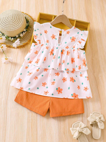 2pcs Young Girls' Printed Off Shoulder Top And Shorts Set With Ruffled Hem For Vacation 2pcs Young Girls' Printed Off Shoulder Top And Shorts Set With Ruffled Hem For Vacation