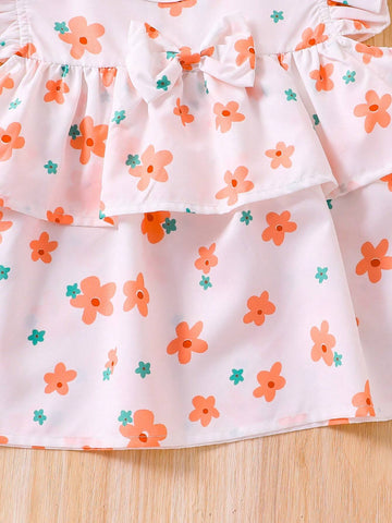 2pcs Young Girls' Printed Off Shoulder Top And Shorts Set With Ruffled Hem For Vacation 2pcs Young Girls' Printed Off Shoulder Top And Shorts Set With Ruffled Hem For Vacation