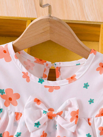 2pcs Young Girls' Printed Off Shoulder Top And Shorts Set With Ruffled Hem For Vacation 2pcs Young Girls' Printed Off Shoulder Top And Shorts Set With Ruffled Hem For Vacation