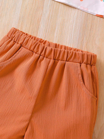 2pcs Young Girls' Printed Off Shoulder Top And Shorts Set With Ruffled Hem For Vacation 2pcs Young Girls' Printed Off Shoulder Top And Shorts Set With Ruffled Hem For Vacation