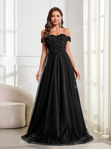 3D Floral Contrast Mesh Backless Tie-Up Strapless Maxi Evening Dress 3D Floral Contrast Mesh Backless Tie-Up Strapless Maxi Evening Dress