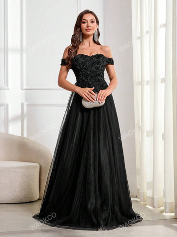 3D Floral Contrast Mesh Backless Tie-Up Strapless Maxi Evening Dress 3D Floral Contrast Mesh Backless Tie-Up Strapless Maxi Evening Dress