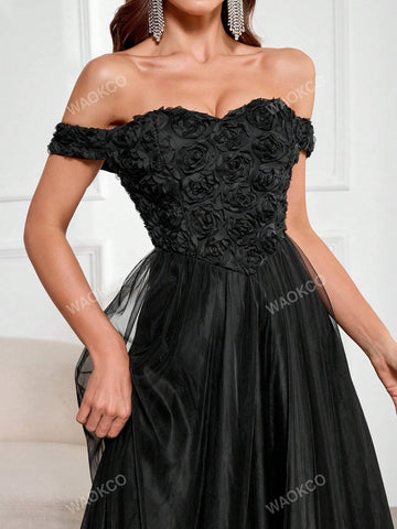 3D Floral Contrast Mesh Backless Tie-Up Strapless Maxi Evening Dress 3D Floral Contrast Mesh Backless Tie-Up Strapless Maxi Evening Dress