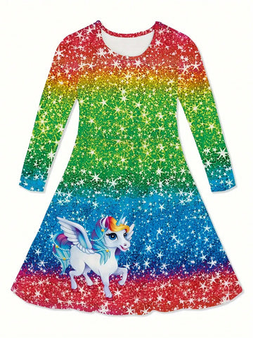 3D Unicorn Print Long Sleeve Casual Dress, Comfortable Sportswear Gift, Spring/Autumn 3D Unicorn Print Long Sleeve Casual Dress, Comfortable Sportswear Gift, Spring/Autumn