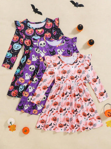 3pcs/Set Cute Halloween Pumpkin, Bat, Black Cat & Monsters Print Ruffle Trim Girls Long Sleeve Dress, Spring/Autumn 3pcs/Set Cute Halloween Pumpkin, Bat, Black Cat & Monsters Print Ruffle Trim Girls Long Sleeve Dress, Spring/Autumn
