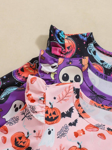3pcs/Set Cute Halloween Pumpkin, Bat, Black Cat & Monsters Print Ruffle Trim Girls Long Sleeve Dress, Spring/Autumn 3pcs/Set Cute Halloween Pumpkin, Bat, Black Cat & Monsters Print Ruffle Trim Girls Long Sleeve Dress, Spring/Autumn