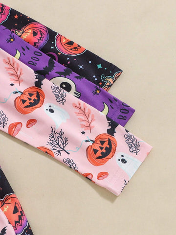 3pcs/Set Cute Halloween Pumpkin, Bat, Black Cat & Monsters Print Ruffle Trim Girls Long Sleeve Dress, Spring/Autumn 3pcs/Set Cute Halloween Pumpkin, Bat, Black Cat & Monsters Print Ruffle Trim Girls Long Sleeve Dress, Spring/Autumn