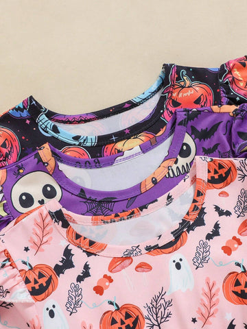 3pcs/Set Cute Halloween Pumpkin, Bat, Black Cat & Monsters Print Ruffle Trim Girls Long Sleeve Dress, Spring/Autumn 3pcs/Set Cute Halloween Pumpkin, Bat, Black Cat & Monsters Print Ruffle Trim Girls Long Sleeve Dress, Spring/Autumn