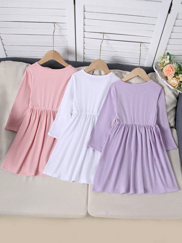 3pcs/Set Girls Casual Floral Embroidered Solid Color Dress, Autumn 3pcs/Set Girls Casual Floral Embroidered Solid Color Dress, Autumn