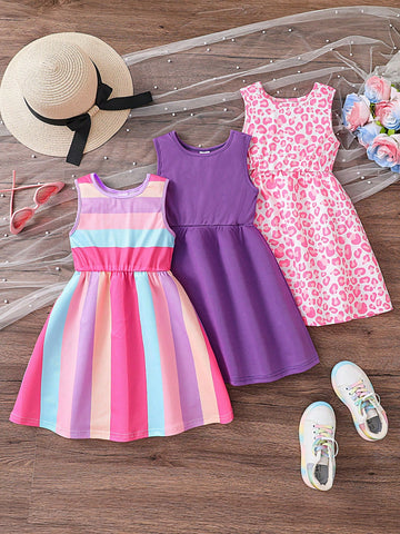 3pcs/Set Girls Cute Rainbow Striped Sleeveless Dress 3pcs/Set Girls Cute Rainbow Striped Sleeveless Dress