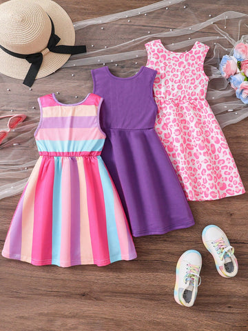 3pcs/Set Girls Cute Rainbow Striped Sleeveless Dress 3pcs/Set Girls Cute Rainbow Striped Sleeveless Dress