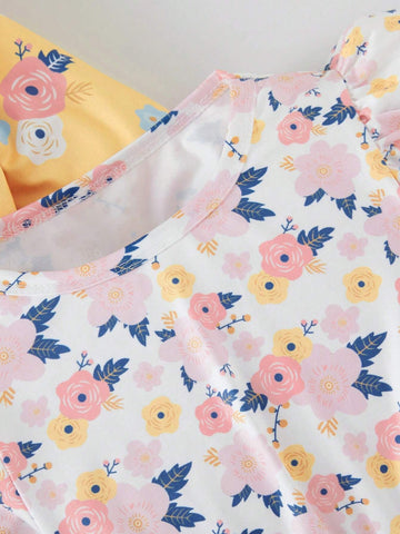 3pcs/Set Young Girl Casual Floral Polka Dot Ruffle Hem Long Sleeve Dress, Suitable For Spring & Autumn 3pcs/Set Young Girl Casual Floral Polka Dot Ruffle Hem Long Sleeve Dress, Suitable For Spring & Autumn