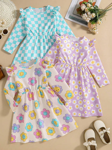 3pcs/Set Young Girl Cute Casual Floral & Checkerboard Print Long Sleeve Ruffle Hem Dress Outfit, Spring/Autumn 3pcs/Set Young Girl Cute Casual Floral & Checkerboard Print Long Sleeve Ruffle Hem Dress Outfit, Spring/Autumn