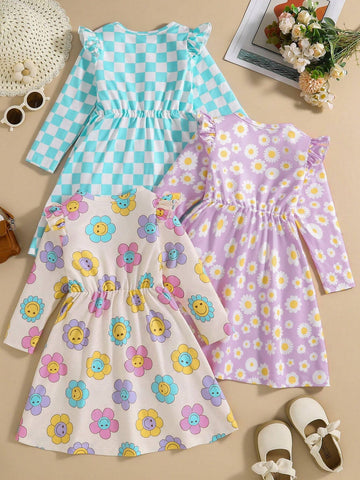 3pcs/Set Young Girl Cute Casual Floral & Checkerboard Print Long Sleeve Ruffle Hem Dress Outfit, Spring/Autumn 3pcs/Set Young Girl Cute Casual Floral & Checkerboard Print Long Sleeve Ruffle Hem Dress Outfit, Spring/Autumn