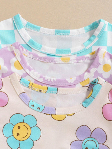 3pcs/Set Young Girl Cute Casual Floral & Checkerboard Print Long Sleeve Ruffle Hem Dress Outfit, Spring/Autumn 3pcs/Set Young Girl Cute Casual Floral & Checkerboard Print Long Sleeve Ruffle Hem Dress Outfit, Spring/Autumn