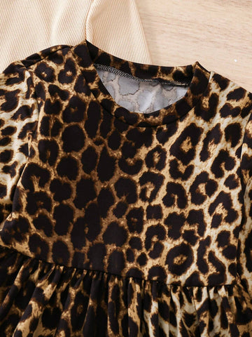 3pcs/Set Young Girl Fashion Casual Chic Elegant Leopard Print Patchwork Dress 3pcs/Set Young Girl Fashion Casual Chic Elegant Leopard Print Patchwork Dress