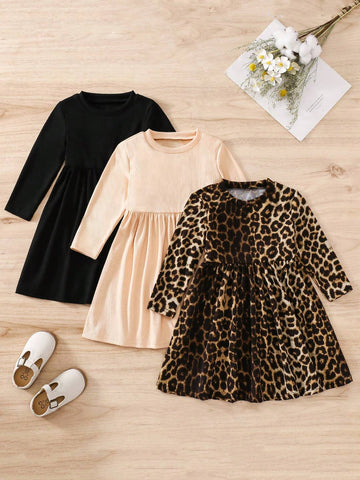 3pcs/Set Young Girl Fashion Casual Chic Elegant Leopard Print Patchwork Dress 3pcs/Set Young Girl Fashion Casual Chic Elegant Leopard Print Patchwork Dress