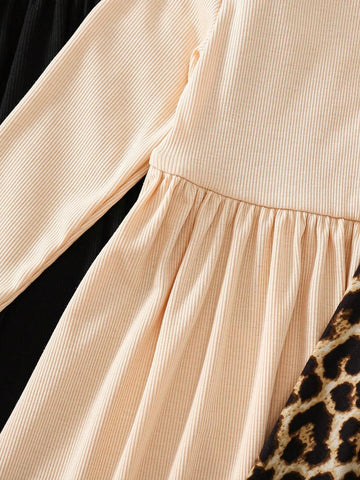 3pcs/Set Young Girl Fashion Casual Chic Elegant Leopard Print Patchwork Dress 3pcs/Set Young Girl Fashion Casual Chic Elegant Leopard Print Patchwork Dress