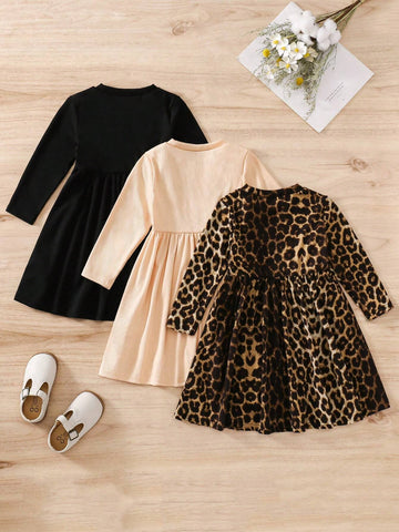 3pcs/Set Young Girl Fashion Casual Chic Elegant Leopard Print Patchwork Dress 3pcs/Set Young Girl Fashion Casual Chic Elegant Leopard Print Patchwork Dress