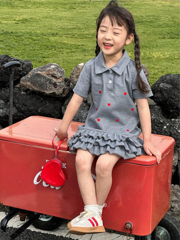 3pcs Casual Girls' Embroidered & Printed Collared Short Sleeve Dress Set 3pcs Casual Girls' Embroidered & Printed Collared Short Sleeve Dress Set