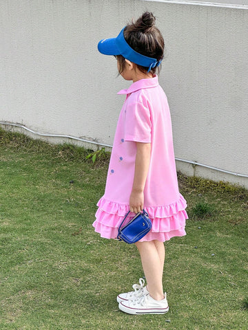 3pcs Casual Girls' Embroidered & Printed Collared Short Sleeve Dress Set 3pcs Casual Girls' Embroidered & Printed Collared Short Sleeve Dress Set
