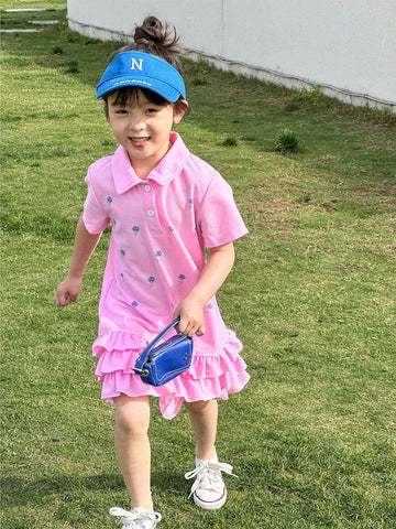 3pcs Casual Girls' Embroidered & Printed Collared Short Sleeve Dress Set 3pcs Casual Girls' Embroidered & Printed Collared Short Sleeve Dress Set